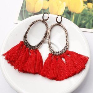 Bronze Tassel Earrings – Red